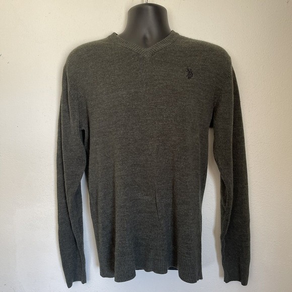 US Polo Assn V-Neck Sweater Mens Large Gray Long Sleeve 100% Acrylic Pullover - Picture 1 of 5
